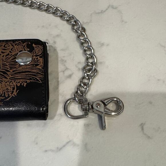 Vintage 90s black leather trifold biker chain wallet skull design goth grunge - Picture 3 of 11